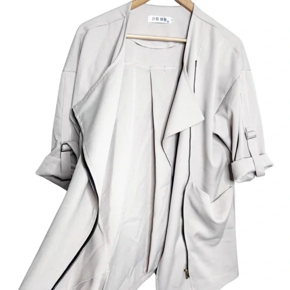 Womens Asymmetrical Zip Jacket Draped Collar Rolled Sleeve Beige Size MM - Picture 10 of 16